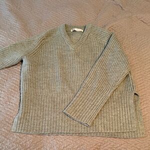 Zara Woman’s Ribbed Knit V-Neck Sweater - Gray